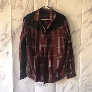 INC - MAROON/BLACK PLAID SNAP BUTTON DOWN SHIRT MENS MEDIUM